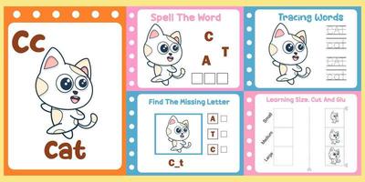 paquete de hojas de trabajo para niños con vector de gato. libro de estudio para niños
