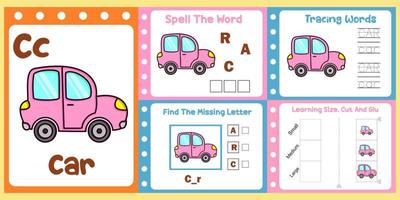 worksheets pack for kids with car vector. children's study book vector