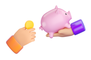 Menschliche Hand 3d, die Sparschwein hält und Geld hineinlegt png