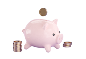 3d Piggy bank with falling money png