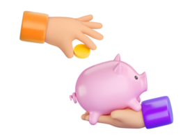 Menschliche Hand 3d, die Sparschwein hält und Geld hineinlegt png