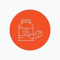 medicine. Pill. capsule. drugs. tablet White Line Icon in Circle background. vector icon illustration