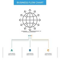 globe. network. arrow. news. worldwide Business Flow Chart Design with 3 Steps. Line Icon For Presentation Background Template Place for text vector