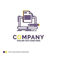 Company Name Logo Design For Coder. coding. computer. list. paper. Purple and yellow Brand Name Design with place for Tagline. Creative Logo template for Small and Large Business. vector