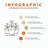 crecimiento. dinero. planta. maceta. plantilla de infografía de árbol para sitio web y presentación. icono de línea gris con ilustración de vector de estilo infográfico naranja