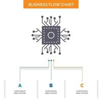 Chip. cpu. microchip. processor. technology Business Flow Chart Design with 3 Steps. Glyph Icon For Presentation Background Template Place for text. vector