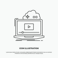 nube. juego. en línea. transmisión. icono de vídeo símbolo gris vectorial de línea para ui y ux. sitio web o aplicación móvil vector