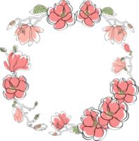 hand- getrokken tekening lijn kunst roze magnolia bloem bloeien krans kader png