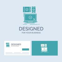 computer. devices. mobile. responsive. technology Business Logo Glyph Icon Symbol for your business. Turquoise Business Cards with Brand logo template. vector