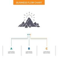 hill. landscape. nature. mountain. fireworks Business Flow Chart Design with 3 Steps. Glyph Icon For Presentation Background Template Place for text. vector