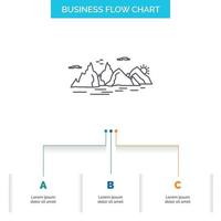 Mountain. hill. landscape. nature. cliff Business Flow Chart Design with 3 Steps. Line Icon For Presentation Background Template Place for text vector