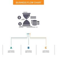 Hourglass. management. money. time. coins Business Flow Chart Design with 3 Steps. Glyph Icon For Presentation Background Template Place for text. vector