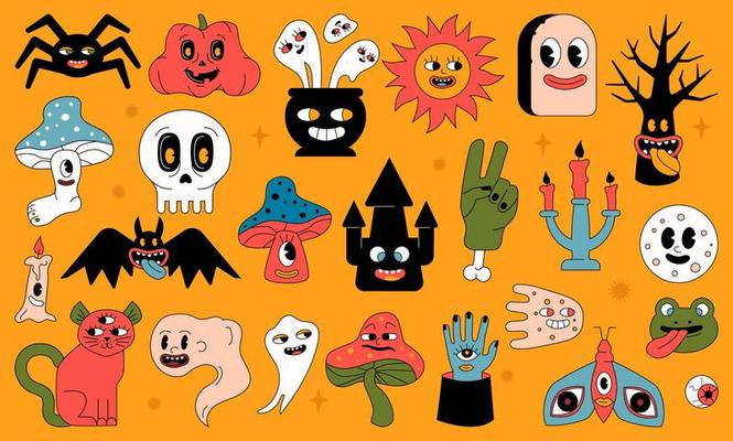 Stylized as an old cartoon set of Halloween characters. Outlined vector funny shapes.