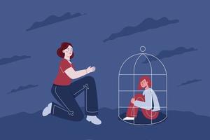 A sad teenage girl is sitting in a cage, next to her a woman holds out her hand. The concept of psychological assistance to adolescents with depression, grief, anxiety.