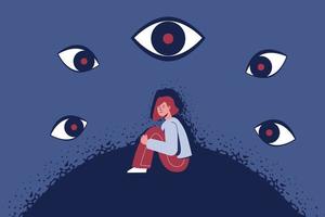 Eyes around a worried sitting teenager, a symbol of adolescent mental disorder. vector
