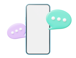 Smartphone 3d avec flotteur de bulle de chat sur transparent. téléphone portable bleu avec écran blanc vierge. boîte de réception des messages de médias sociaux, commentaire, ballon de parole. icône de dessin animé lisse minimale. rendu 3d. png