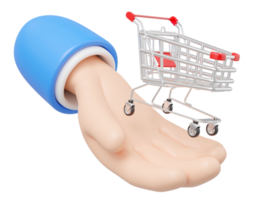 3d blue hand hold shopping cart icon. White shop trolley float hand isolated on transparent. Digital market online, e commerce concept. Sale promotion. Business cartoon minimal smooth style. 3d render png