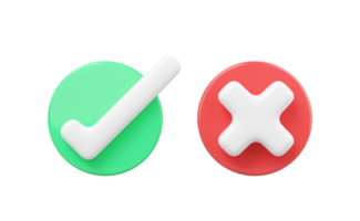 3D Realistic cross and check mark button icon. Red green glossy round with right, wrong floating on transparent. Symbol choice, vote, ok, yes, no concept. Cartoon icon minimal style. 3d rendering. png