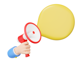 3D Blue hand holding white red megaphone with yellow copy space speech balloon or comment bubble float isolated on transparent. Sale promotion banner. Business cartoon minimal smooth. 3d rendering. png