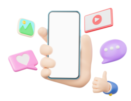 main humaine 3d tenant le smartphone. icône de médias sociaux avec amour, comme, photo, lecture de vidéo, commentaire flottant sur isolé. écran blanc vierge de téléphone portable. maquette de style lisse minimal de dessin animé. rendu 3D. png