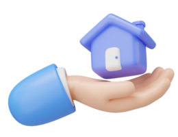 3D Home insurance icon. Toy House floating in hand isolated on transparent. Business invest, Real estate, mortgage, offer of purchase house, loan concept. Mockup Cartoon minimal icon. 3d rendering png