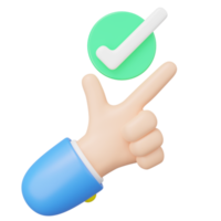 3D Great ideas icon. Snap finger with check mark. Green circle with tick floating hand on transparent. Business creative, thinking idea, Success education concept. 3d cartoon render illustration. png