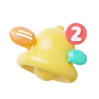 3D Notification message bell icon. Bell alert with speech bubble for social media reminder floating on transparent. Red label with notification 2 items. Cartoon icon minimal smooth. 3d render. png