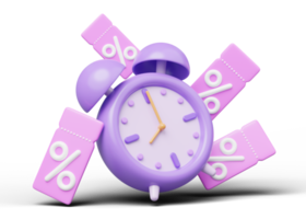 Réveil 3d avec étiquette de prix discount. horloge violette à 8h flottant sur transparent. temps de remises spéciales, vente flash, concept d'offre de promotion limitée. icône de dessin animé lisse minimale. rendu 3d.