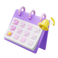 icône de notification de calendrier 3d. calendrier violet avec coche à la date, cloche flottant sur transparent. jour des étoiles pour l'événement, le plan de vacances, le concept de rappel d'entreprise. icône de dessin animé de rendu 3d lisse. png