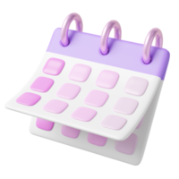 Icono de asignación de calendario 3d. papel de calendario morado flotando en transparente. plan, eventos, concepto de recordatorio. espacio de copia rosa para texto o fecha. icono de dibujos animados mínimo suave. representación 3d png