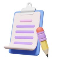 3D Clipboard, white sheet and pencil floating on transparent. Copywriting, notepad, writing on document, note taking, project plan concept. Cartoon icon minimal style. 3d render with clipping path png