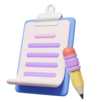 3D Clipboard, white sheet and pencil floating on transparent. Copywriting, notepad, writing on document, note taking, project plan concept. Cartoon icon minimal style. 3d render with clipping path png