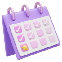 3d kalender opdracht icoon. Purper kalender met controleren Mark teken drijvend Aan transparant. ster dag voor evenement, vakantie plan, herinnering concept. tekenfilm icoon minimaal zacht. 3d renderen png