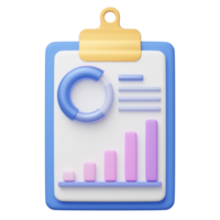 3D Clipboard with growing bars graphic, donut or pie chart floating on transparent. Writing on document. SEO web analytics. Business Cartoon icon minimal style. 3d render with clipping path. png