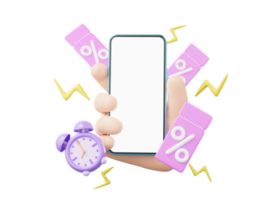 3D hand hold smartphone. Alarm clock discount price tag floating on transparent. Mobile phone blank screen. Special offer time, Flash sale, promotion concept. Cartoon minimal smooth. 3d rendering. png