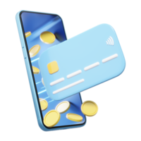 3D Credit card, money coin flew out phone on transparent. Mobile banking, Online payment service. Virtual card, business financial concept. Smartphone money transfer. cartoon icon smooth. 3d render. png