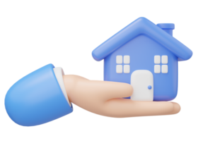 3D Hand holding house icon. Toy home in hand float isolated on transparent. Investment, real estate, mortgage, offer of purchase, loan concept. Mockup Cartoon minimal icon. 3d render illustration. png