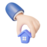 3D Hand pick up house icon. Hand hold home isolated on transparent. Investment, real estate, mortgage, offer purchase, loan employee concept. Mockup cartoon minimal icon. 3d render illustration. png