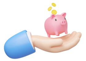 3D Piggy bank float in hand isolated on transparent. Business man hold pink money box icon. Mobile banking service, cashback, refund, loan concept. Saving money wealth. Cartoon icon smooth. 3d render. png