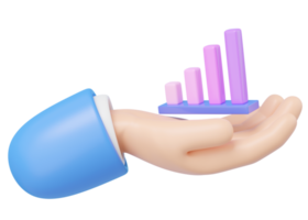 Hand holding growing bars graphic floating on transparent. Rising value chart. SEO web analytics. Business financial investment growth. Cartoon icon minimal style. 3d render illustration. png