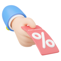 Use coupon for shopping online. 3D Hand holding discount price tag floating isolated on transparent. Special time, Flash sale, Limited promotion offer concept. Cartoon icon smooth. 3d rendering. png