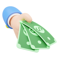 Payment icon for shopping online. 3D Hand holding banknote. Cartoon businessman wearing suit holds money floating isolated on transparent. Withdraw money, Easy shopping concept. 3d minimal rendering. png