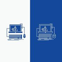 Computer. crash. error. failure. system Line and Glyph web Button in Blue color Vertical Banner for UI and UX. website or mobile application vector