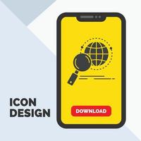 global. globe. magnifier. research. world Glyph Icon in Mobile for Download Page. Yellow Background vector