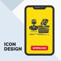 salario. compras. cesta. compras. icono de glifo femenino en el móvil para la página de descarga. fondo amarillo vector