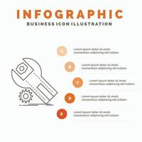 ajustes. aplicación instalación. mantenimiento. plantilla de infografía de servicio para sitio web y presentación. icono de línea gris con ilustración de vector de estilo infográfico naranja