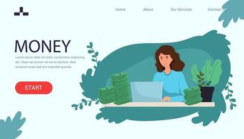 página de inicio feliz empresaria exitosa que trabaja en línea en una computadora portátil recibe buenos ingresos financieros del comercio web. mujer sonriente freelancer cobra en internet. ilustración vectorial vector