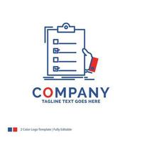 Company Name Logo Design For checklist. check. expertise. list. clipboard. Blue and red Brand Name Design with place for Tagline. Abstract Creative Logo template for Small and Large Business. vector