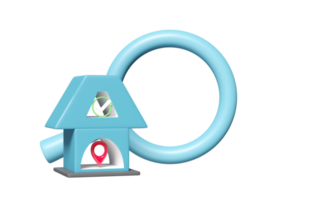 3d blauw huis met vergroten glas, controleren merken, Kruis aan merken symbolen, pin geïsoleerd. online winkelen, zoeken gegevens concept, 3d geven illustratie png