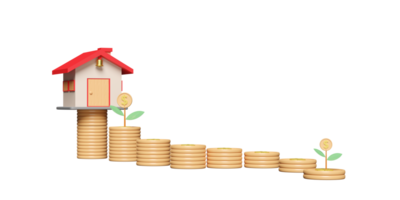 home with gold coins pile, tree isolated. saving money to buy a house concept, 3d illustration or 3d render png